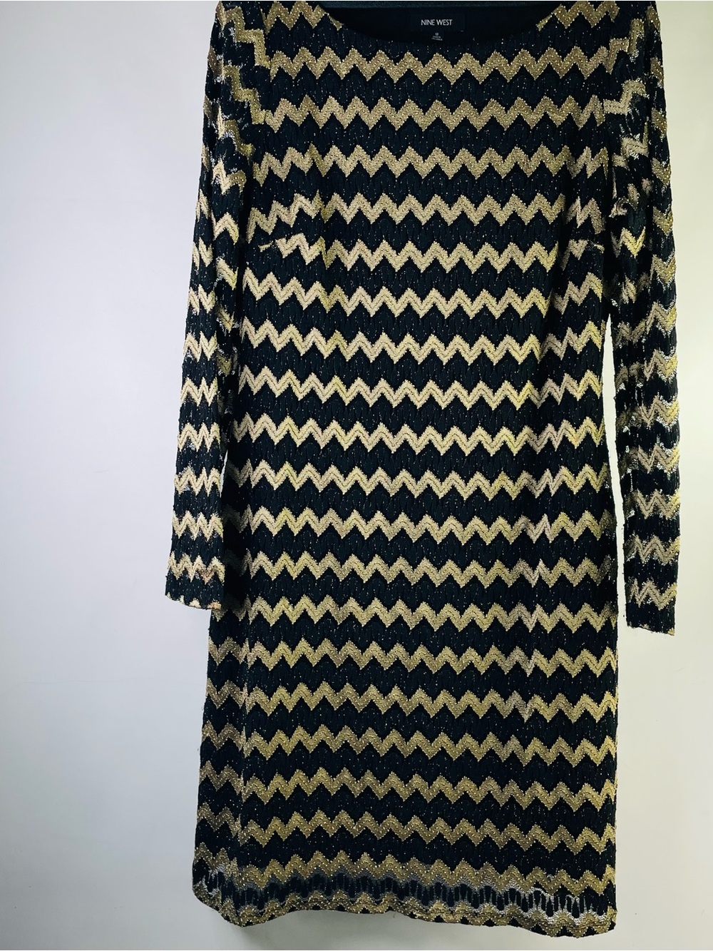 Nine West Black and Gold Chevron Long Sleeve Dress Shimmering Zig Zag Pattern